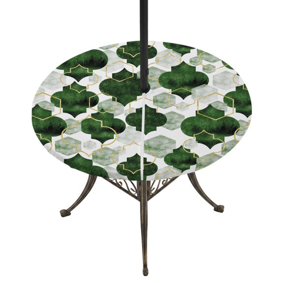 Outdoor Tablecloth with Umbrella Hole and Zipper Green Moroccan Round Fitted Table Cover with Elastic Waterproof Gradient Modern Geometric Patio Tablecloths for Picnic BBQS Garden Party Fit 55"-60"