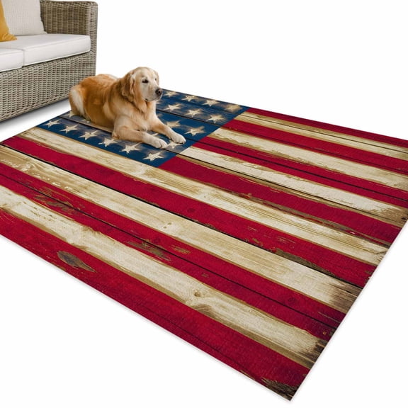 Outdoor Rug 5x8 ft Patriotic Rustic American Flag Waterproof Outdoor Patio Rug Mat Non Slip Outside Area Rugs Carpet for RV,Camping,Porch,Deck,Pool,Balconybackyard,4th of July Red Blue