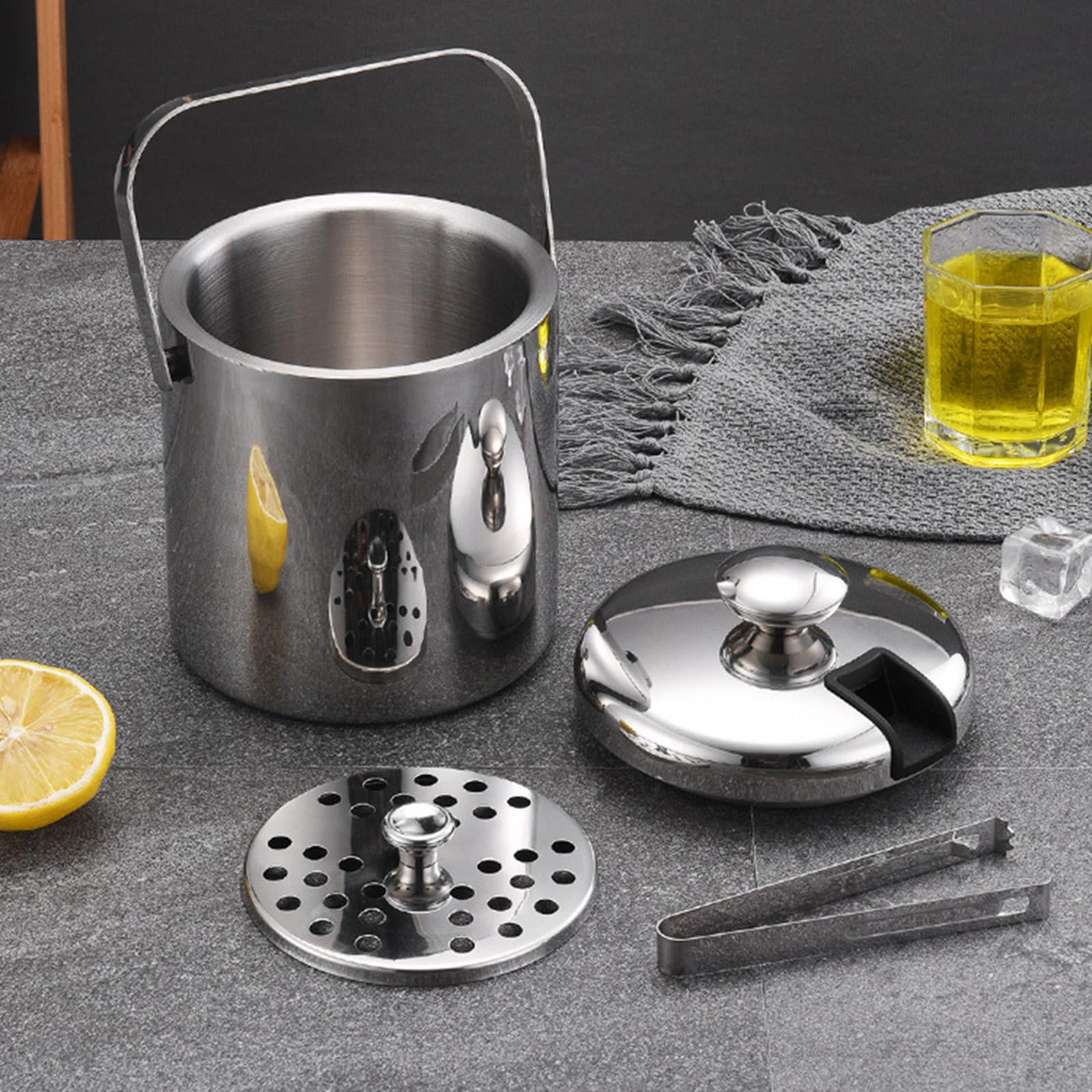 Practical Stainless Steel Ice Bucket with Tongs Liter Double Walled Insulated with Tongs and Lid Ice Container(3L)