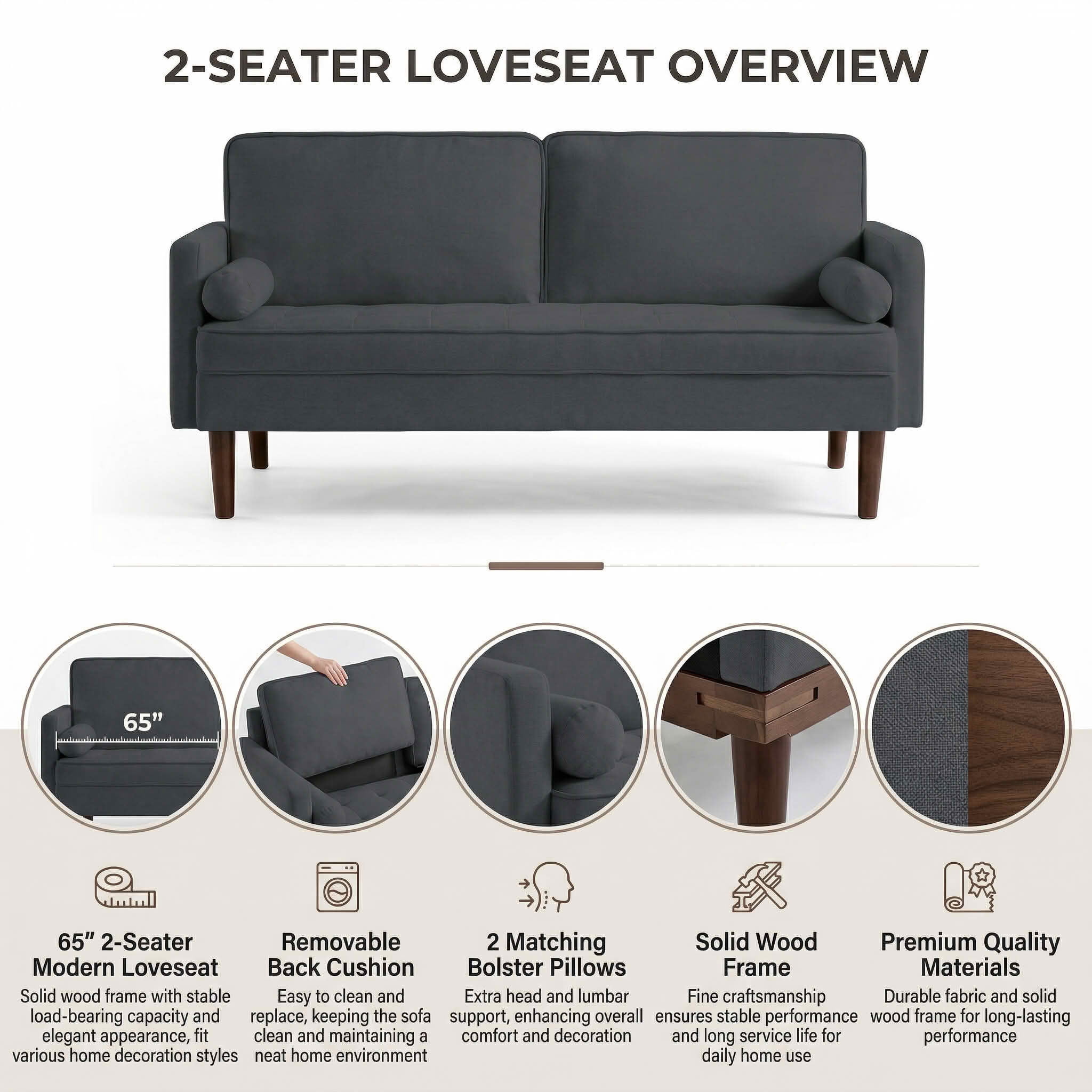 MAYEERTY 65" Modern Loveseat Sofa, 2-Seater Couch with Removable Back Cushion, Solid Wood Frame & 2 Bolster Pillows