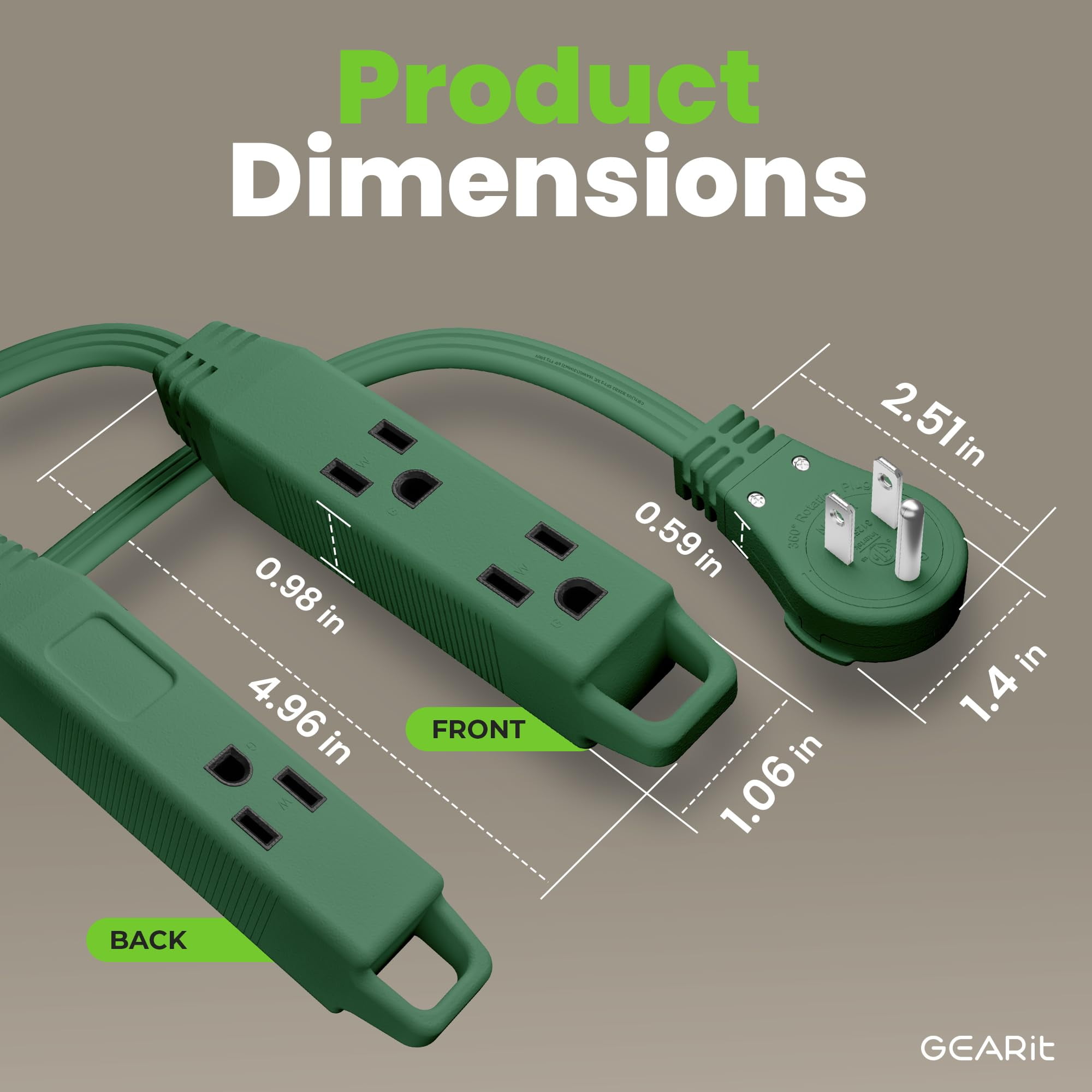 GEARit 360 Rotating Flat Plug Extension Cord with 3 Outlets (25ft, Green) 16AWG/13A 3 Prong Wire, Outlet Saver for Home Office Dorm Room Essentials, ETL Certified