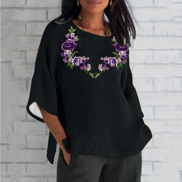 Blouses pour Femmes, Mode Décontractée Alzheimer Manches 3/4 Imprimé Coton Ample