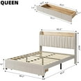 thumbnail image 2 of Garvee Queen Size Bed Frame with Drawer, Upholstered Platform Bed with Storage Headboard, Charging Station & Wooden Slats, No Box Spring Needed, Beige, 2 of 9