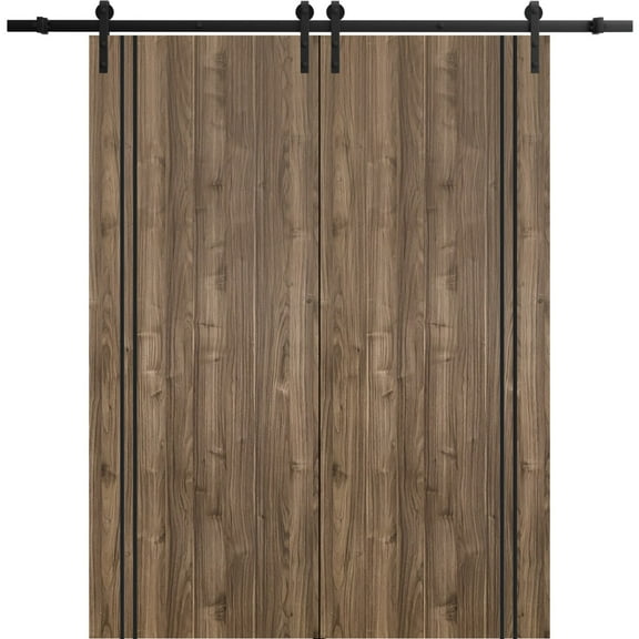 Sturdy Double Barn Door 48 x 80 inches with | Planum 0016 Walnut with Frosted Glass | 13FT Rail Hangers Heavy Set | Solid Panel Interior Doors