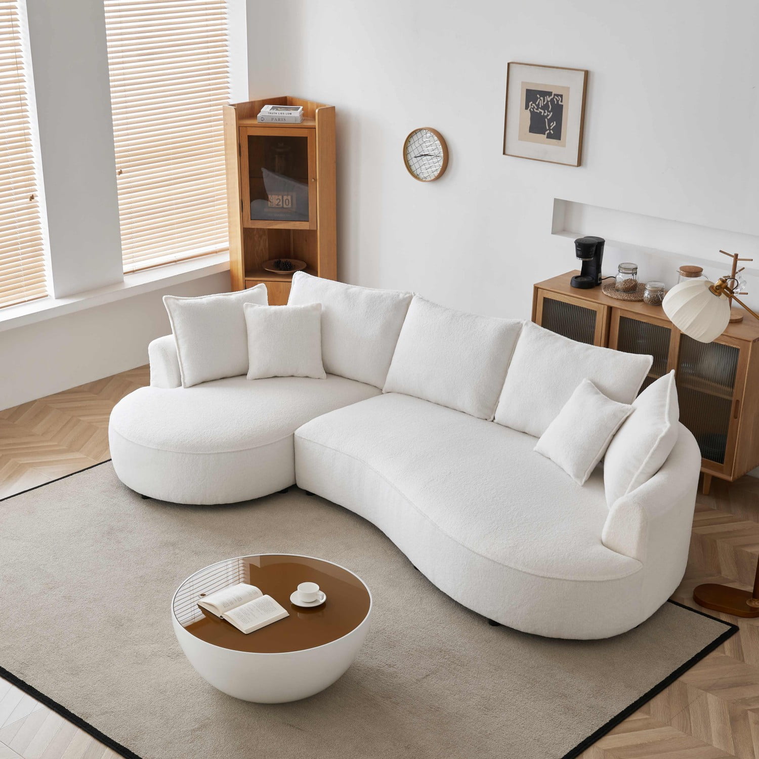 Gewnee 122.8" Curved Sofa Modern Curved Couch Living Room Modular Sectional Sofa, Mid Century Upholstered Couch Sherpa Boucle Fabric Sofa for Bedroom Apartment Left Hand Facing
