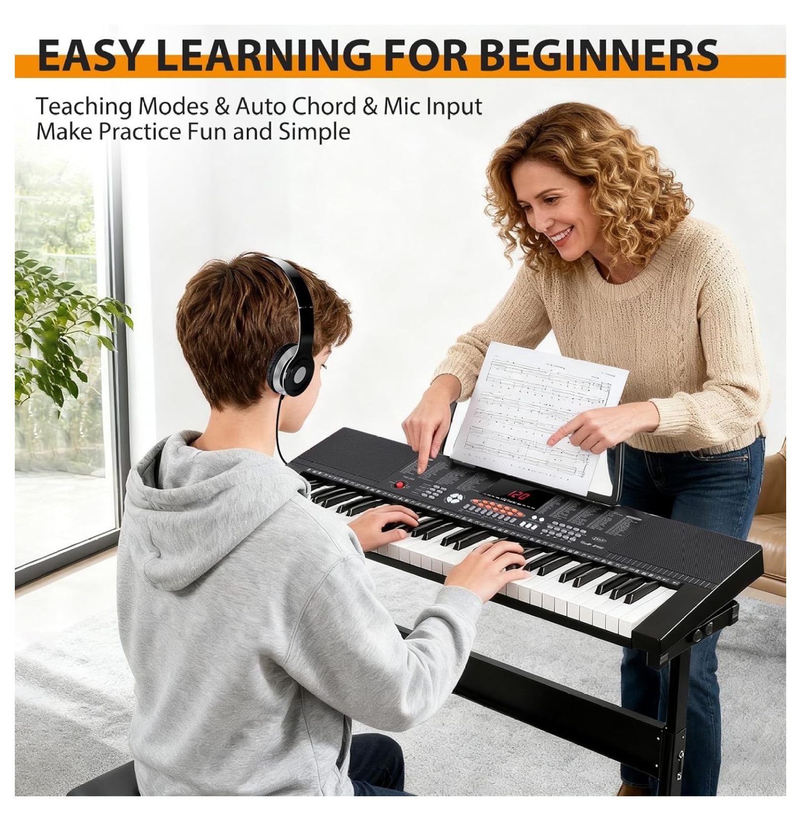 SONGMY 61-Key Portable Electric Keyboard Piano - Complete Set with Stand, Stool, Headphones & Microphone, LED Screen for Beginners & Kids