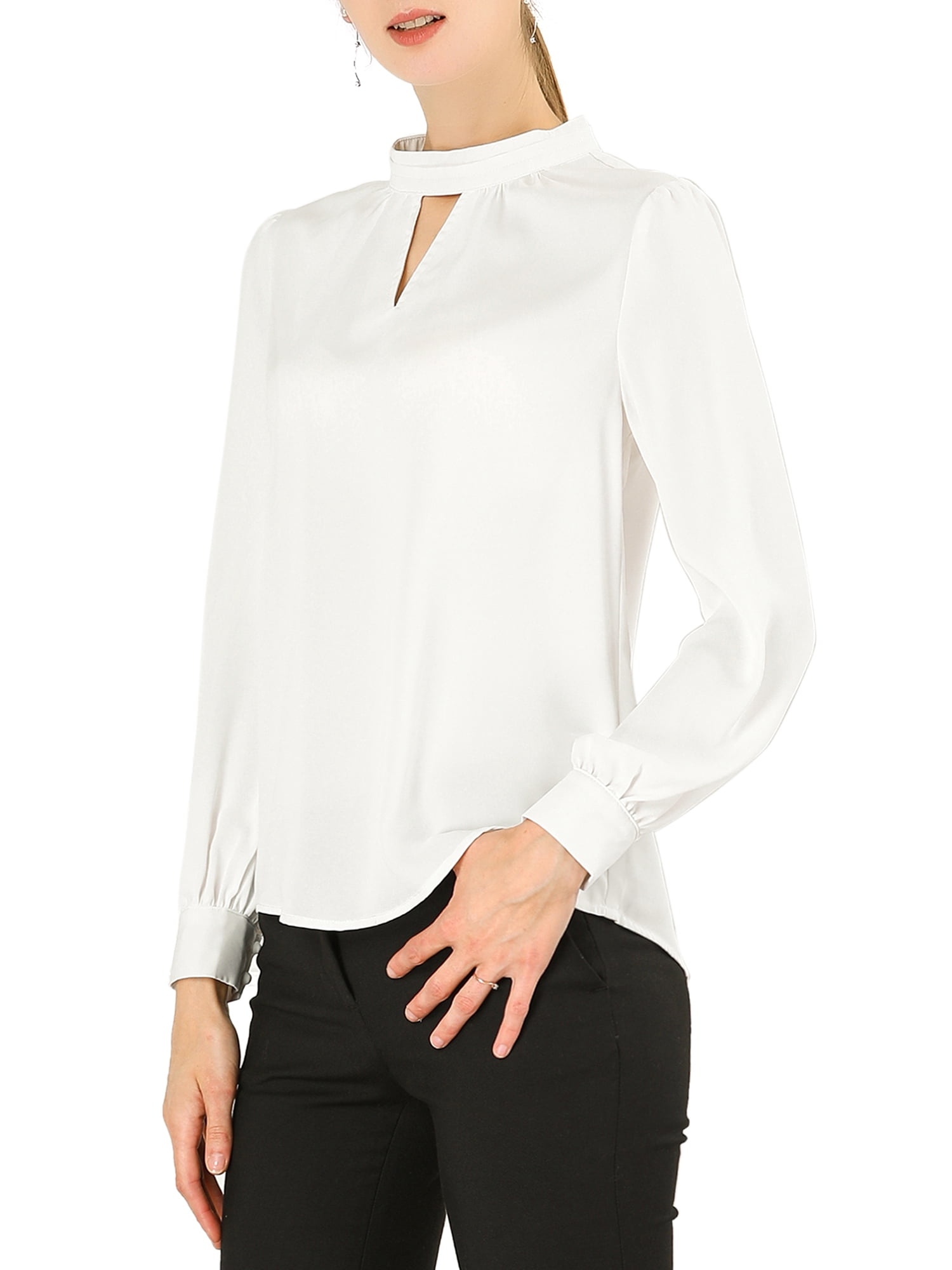 DARING DIVA Women's Stand Collar Long Sleeve Office Blouse M White
