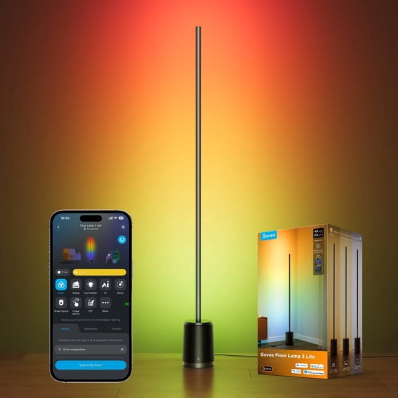 Govee Floor Lamp 3 Lite, Smart RGBIC LED Corner Lamp Compatible with Alexa, SmartThings, Matter, 1400lm Dimmable Color Changing Tall Standing Light with Music Sync for Living Room Bedroom Gaming Room