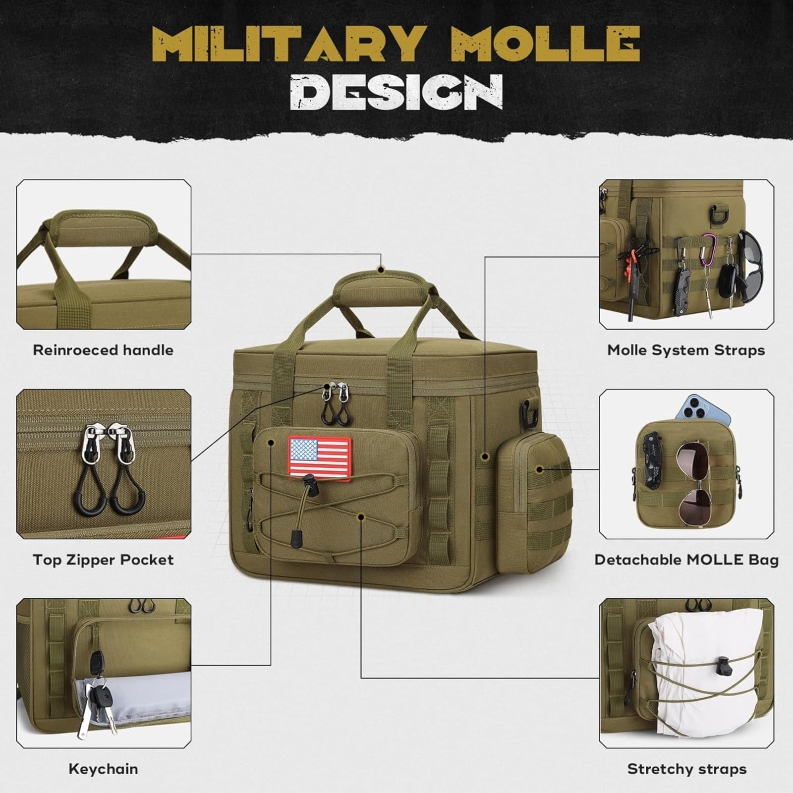 Tactical Lunch Box for Men with 5 Slim Ice Packs, 15L Insulated Cooler Bag with MOLLE Pouch