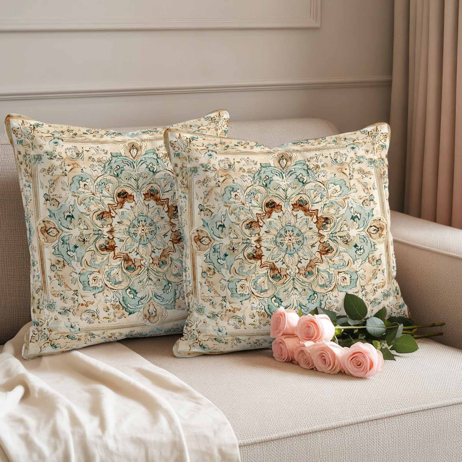 Sage Green Orange Floral Outdoor Waterproof Pillow Covers, Boho Vintage Botanical Ethnic Decorative Square Throw Pillowcase Sofa Cushion Sham for Patio/Couch/Chair, 16"x16" 2 Pack