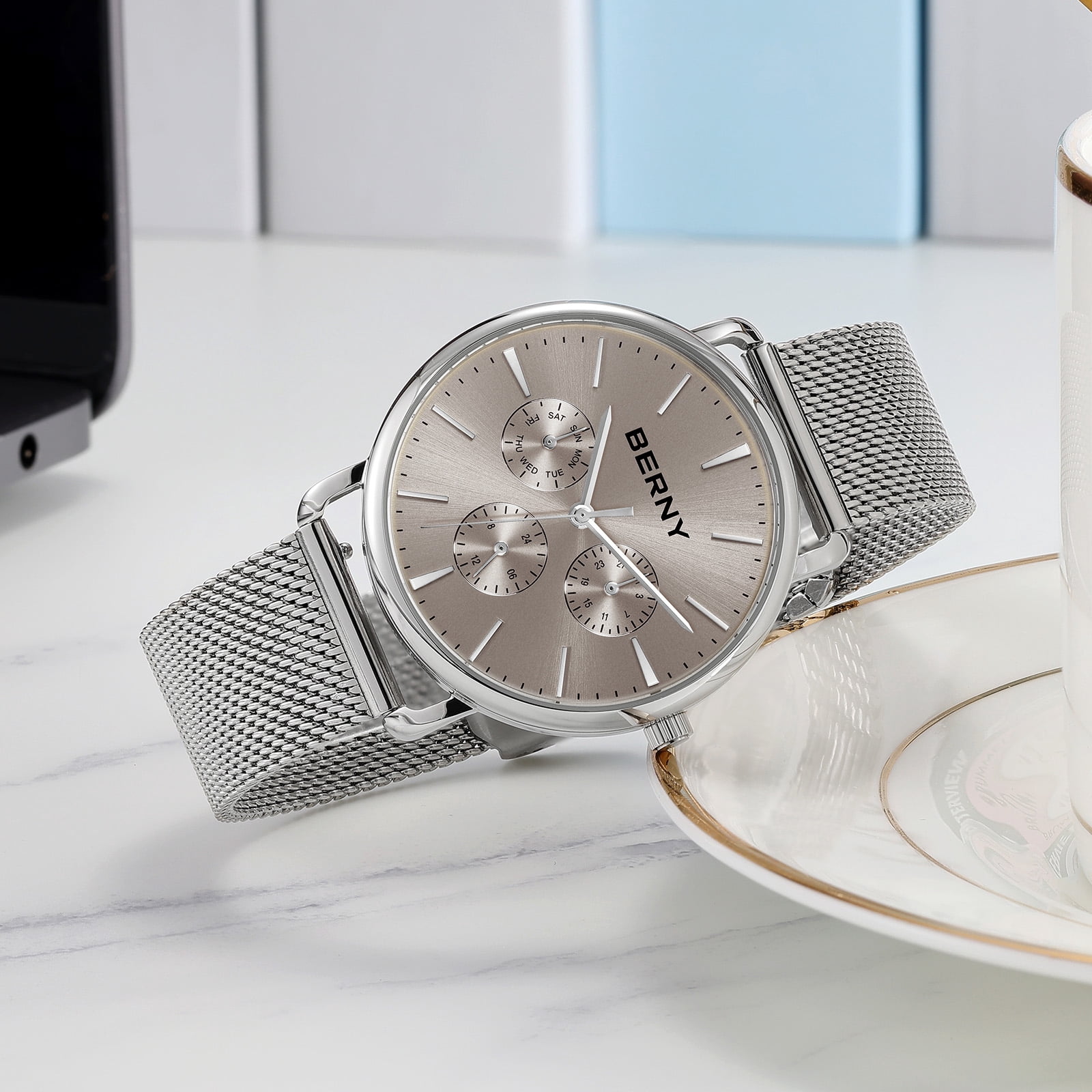BERNY Quartz Watch for Unisex ( Men and Women), Classic Waterproof Men's Wirstwatch with Multifunctional Dials, Quick Release Stainless Steel Mesh Band, Gray Dial