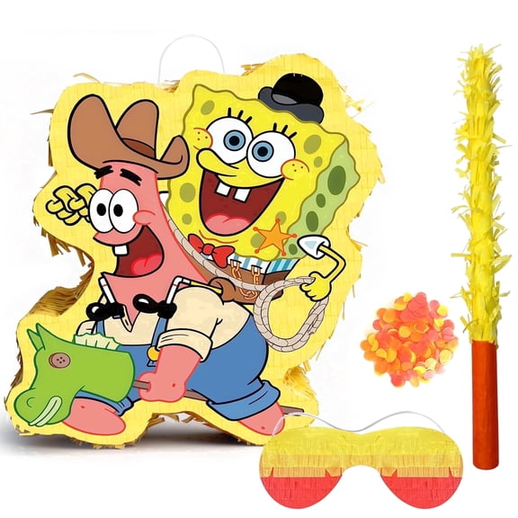 Yellow Square Piñata,Yellow Square Themed Party Pinata Bundle - Yellow Square Piñata Large,Yellow Square Party Games Blindfold & Party Pinata Stick etc Yellow Square Birthday Party Supplies for Boys/