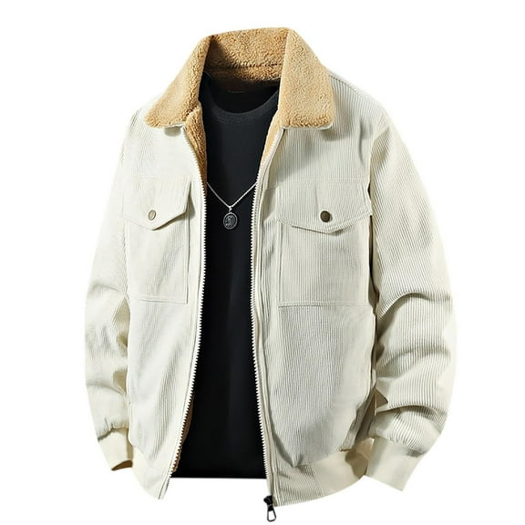 Men's Sherpa Lined Vintage Corduroy Jackets Warm Lapel Button up Long Sleeve Thicken Fleece Winter Coats with Pockets windbreaker Beige XXL