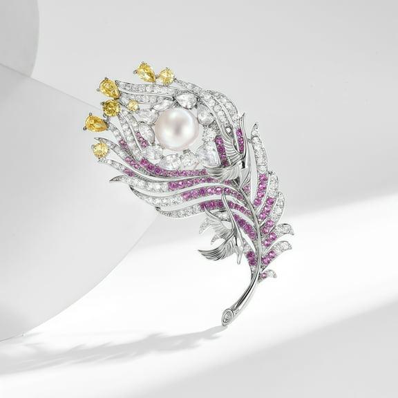 Natural Freshwater Pearl Colored Diamond Feather Brooch Ladies' Clothing Bag Pin Holiday Gift