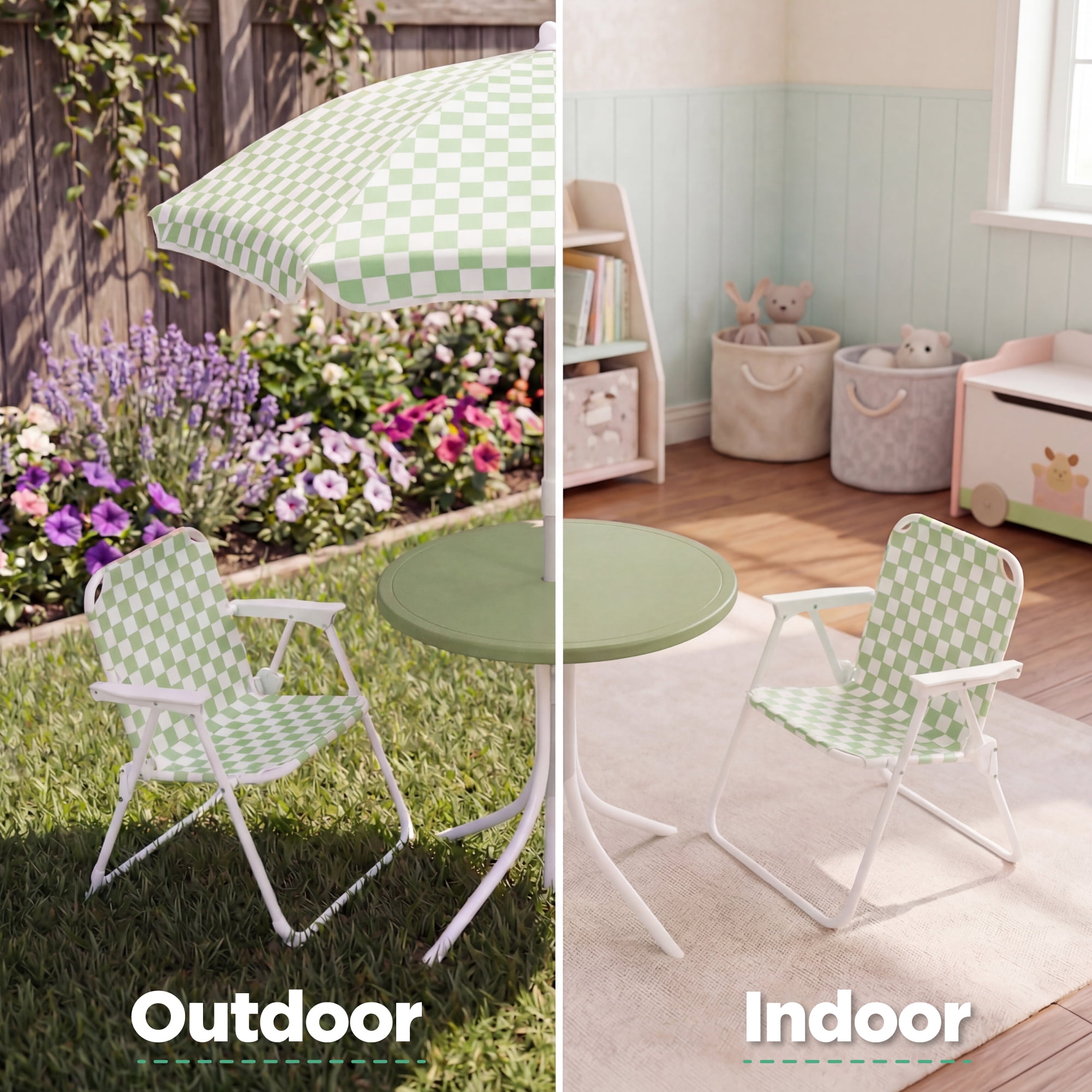 Best Choice Products Kids Outdoor Table and Chair Set with Umbrella, 3-Piece Foldable Toddler Picnic Set Ages 2-5 - Sage