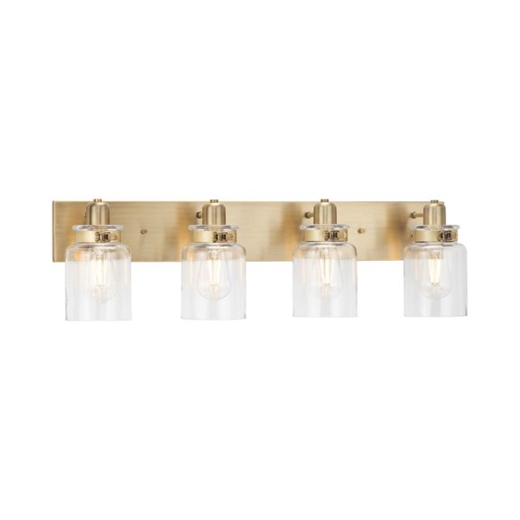 Calhoun Collection Four-Light Vintage Brass Clear Glass Farmhouse Bath Vanity Light