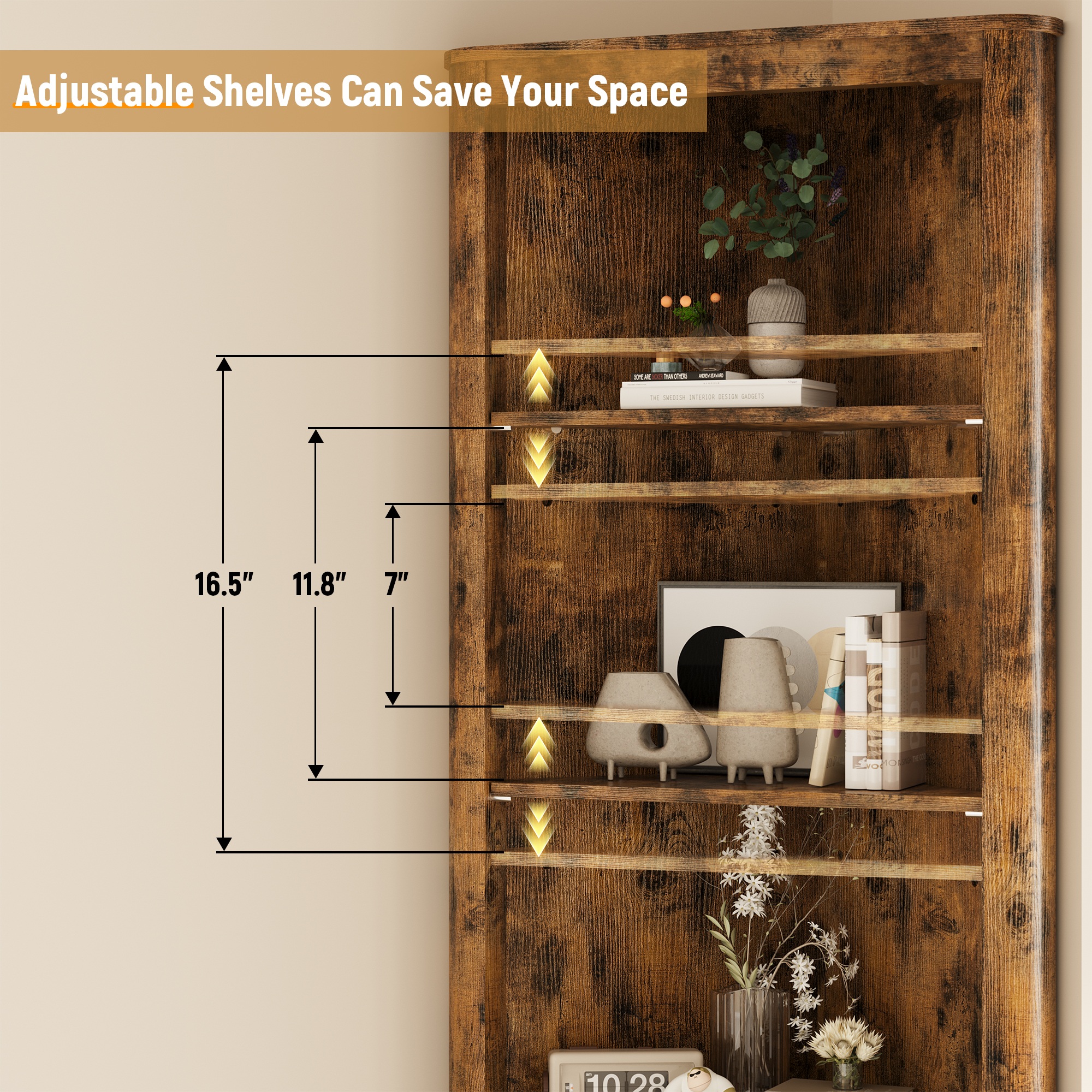 68" Tall Fluted Corner Cabinet for Bathroom, Modern Living Room & Kitchen - 5 Adjustable Shelves, Space-Saving Retro Storage, Curved Profile Design
