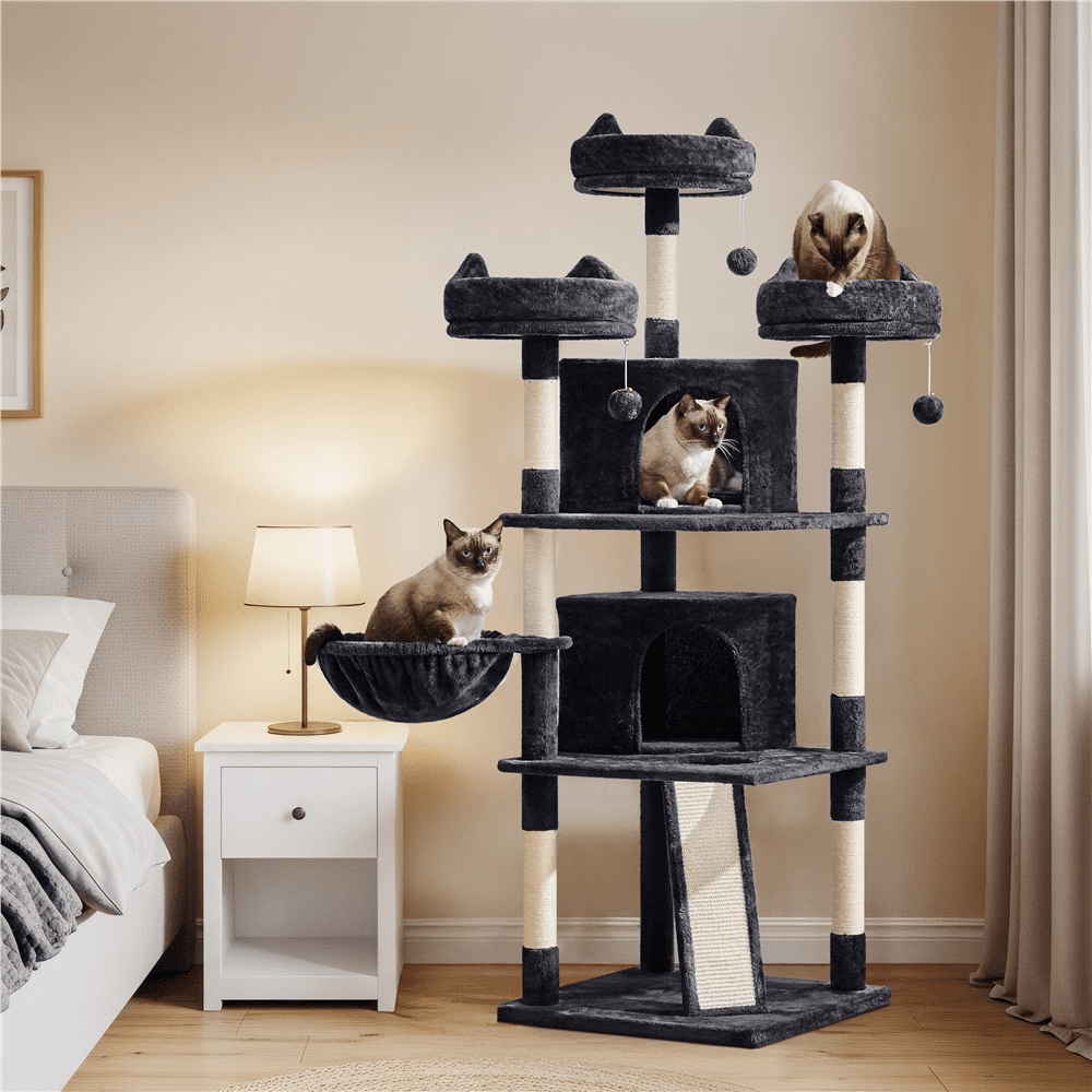 Yaheetech 68.9'' Large Cat Tree Tower with 2 Condos and Scratching Post, Black