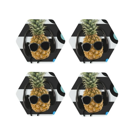 

Honeii Pineapple With Black Glasses Print Leather Coaster Set of 4 Ideal for Safeguarding Your Furniture from Drinks Spills and Effortless Cleanup-Hexagon