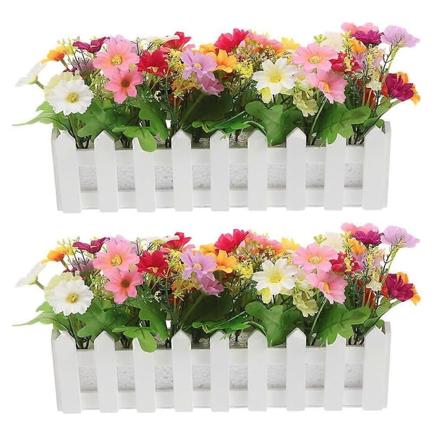 2pcs Artificial Chamomile Flowers in Fence Pot – Faux Potted Plants for Home, Garden, Wedding, Party & Indoor/Outdoor Decor