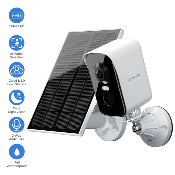 Laxihub Cam Pan 340° Wireless Outdoor Solar Security Cameras , 2K 3MP 2-Way Talk Outdoor WiFi Surveillance IP65 Waterproof,Color Night Vision
