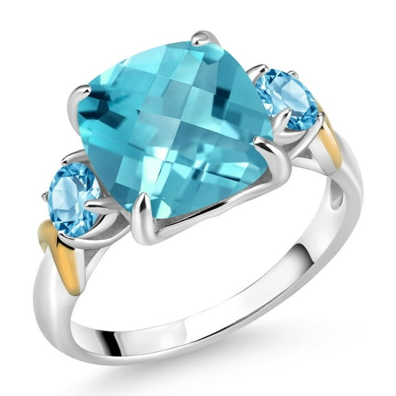 Gem Stone King 925 Silver and 10K Yellow Gold Swiss Blue Topaz 3 Stone Ring for Women (4.76 Cttw, Gemstone November Birthstone, Cushion Checkerboard 10MM, Round 4MM, Size 8)