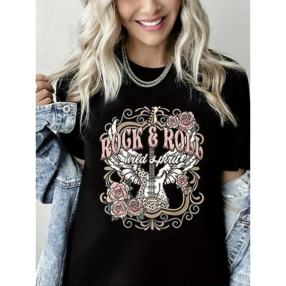 Crewneck Tshirt Country Music Print Short Sleeve Shirt for Women