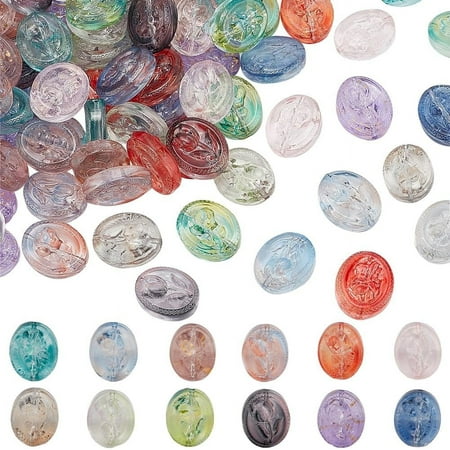 96pcs Flat Oval Flower Beads 12 Styles Handmade Lampwork Beads 18.5x15mm Glass Crystal Beads Loose Spacer Beads Jewelry Beads for Jewelry Making Bracelet Necklace DIY Craft DIY