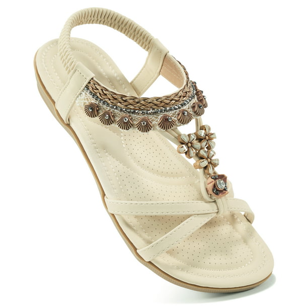 Ecetana Womens Flats Sandals Summer Bohemian Beaded Dress Shoes ...