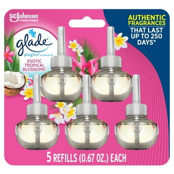 Glade PlugIns Refill 5 CT, Exotic Tropical Blossoms, 3.35 FL. OZ. Total, Scented Oil Air Freshener Infused with Essential Oils