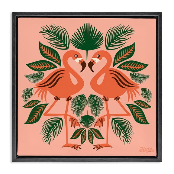 Stupell Industries Mid-Century Symmetrical Tropical Flamingos Black Floating Frame Canvas Art, 18 x 18, by Carrie Cantwell