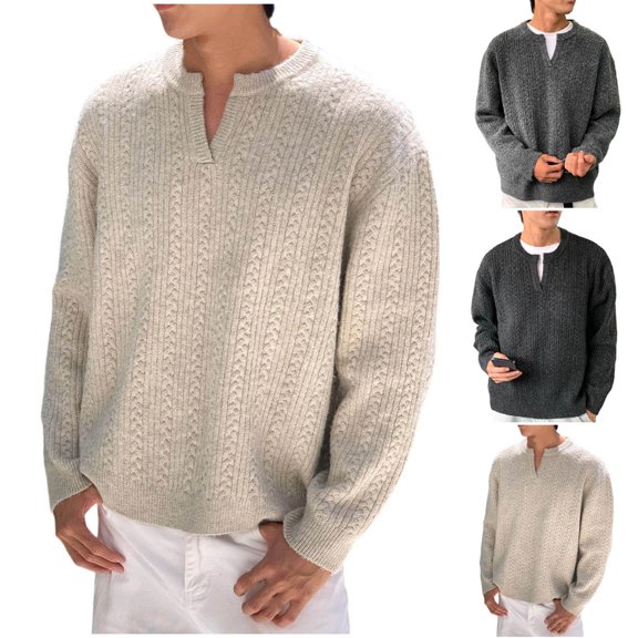 DayScoop Mens Sweater Fashion Sweatshirt Casual Long Sleeve Solid Color Winter Loose Breathable Outwear V Neck Tops