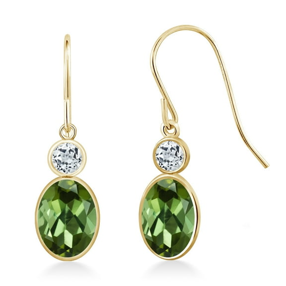 Gem Stone King 14K Yellow Gold Green Tourmaline and White Topaz Hook French Fish Ear Wire Dangle Earrings for Women (1.98 Cttw, Gemstone October Birthstone, Oval 7X5MM, Round 3MM)