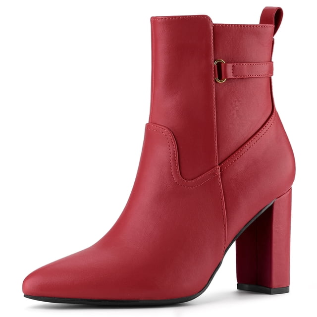 Unique Bargains Women's Strap Decor Point Toe Block High Heels Ankle Boots