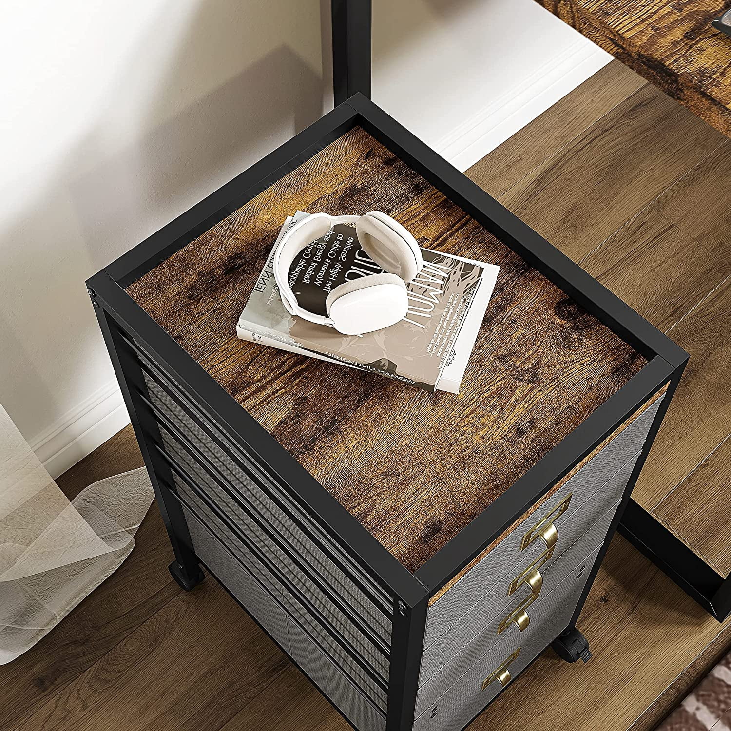 File Cabinet with 4 Drawer, Mobile Filing Cabinet Rolling Printer Stand Fits A4 or Letter Size, Fabric Vertical File Cabinet with Wheels, Under Desk Storage Cabinet for Home Office, Grey