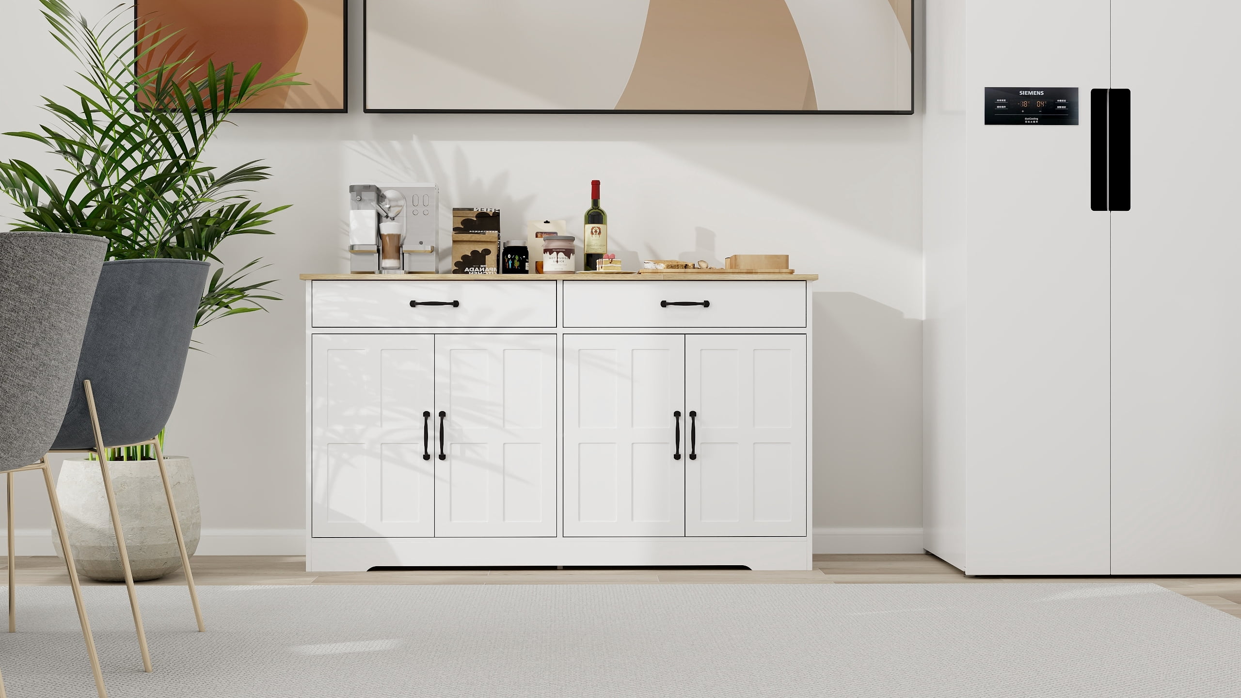 Mintazer Farmhouse Sideboard Buffet Cabinet with 2 Drawers & 4 Doors, Freestanding Storage Cupboard with Adjustable Shelves for Kitchen Dining Room Living Room, White
