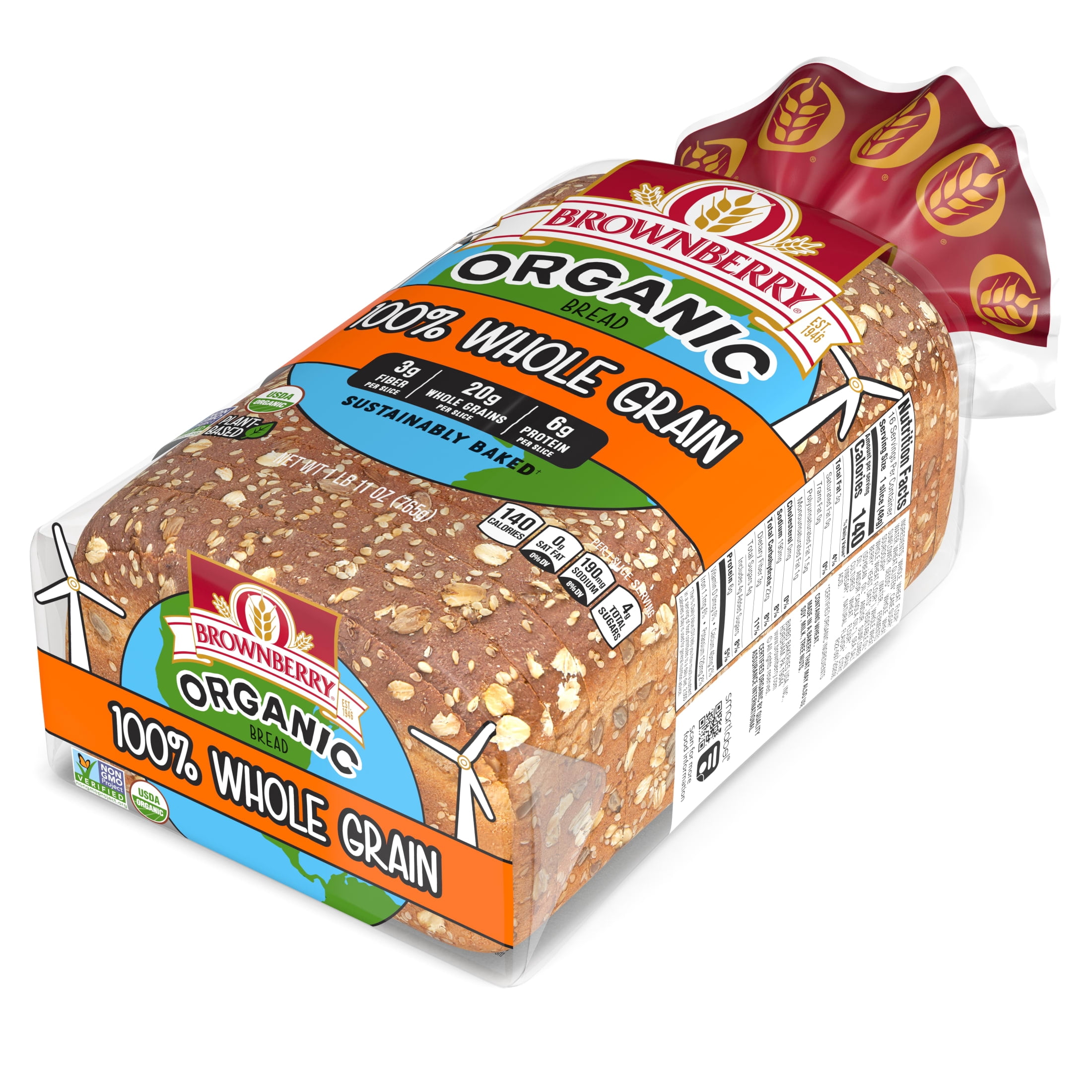 Brownberry Organic 100% Bread, 27 oz, Whole Grain Wheat Bread, Bag