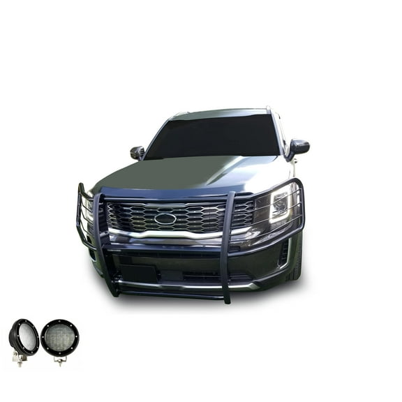 Black Horse Grille brush Bumper Guard Modular Black Come with Pair of 5.3" Dia.LED Lights with Black Trim Rings Compatible with 2020-2024 Kia Telluride-17KI01MA-PLFB