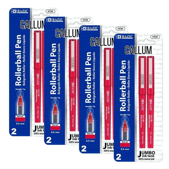 BAZIC Callum 0.5mm Rollerball Pen, Red Ink Needle Tip Fine Point Ink Pens (2/Pack), 4-Packs