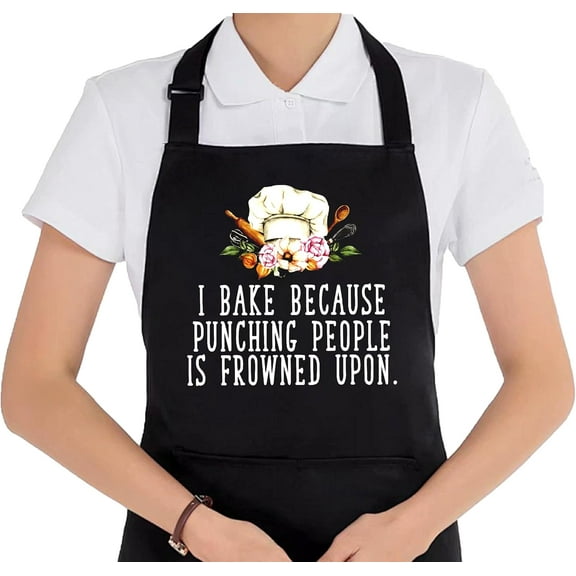 Funny Baking Aprons for Women with Pockets, Gifts for Bakers Chefs Women, I Bake Because Punching People Is Frowned Upon Waterproof Adjustable Bib Apron for Cooking Kitchen Dishwashing Baking