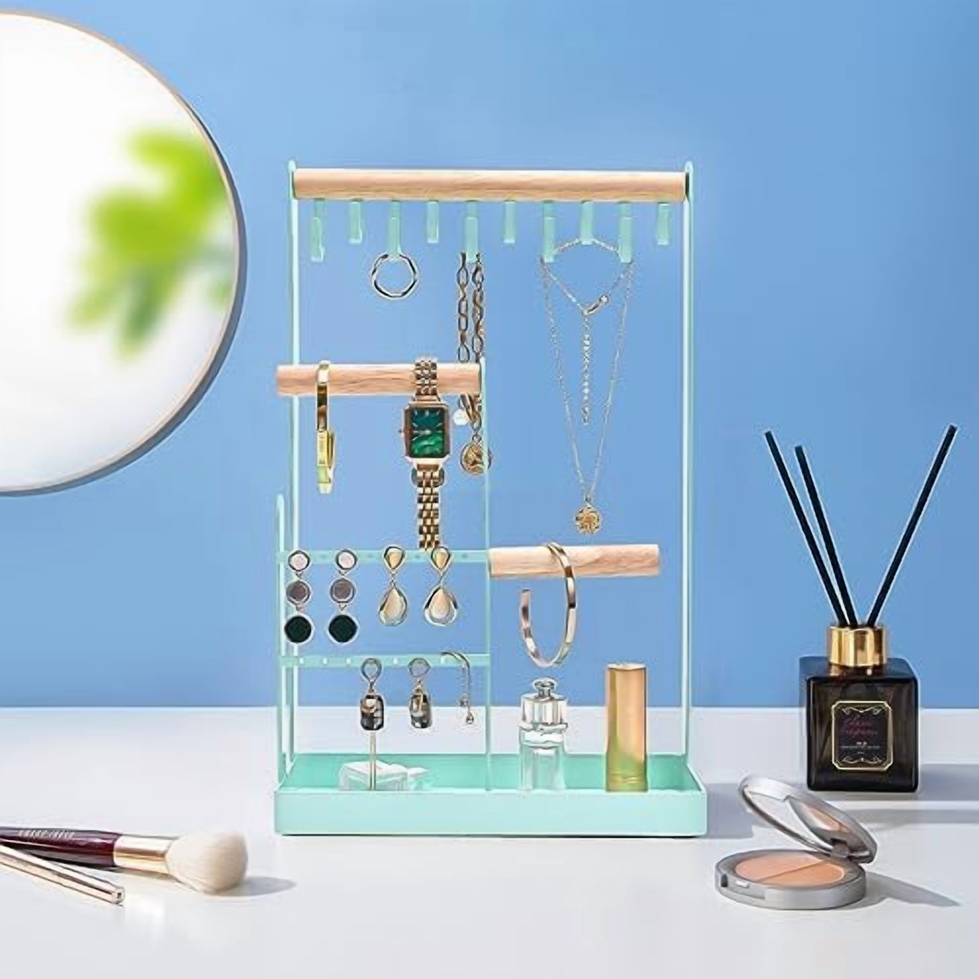 Jewelry Stand Holder Organizer, 4-Tier Necklace Holder with Ring Tray, 10 Hooks Necklaces Hanging Small Jewelry Display Storage Tower Tree for Bracelets Earrings Watches -Medium, Aqua