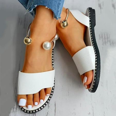 

Womens Summer Trends!AXXD Cute Slippers for Women Solid Round Toe Pearl Buckle Causal Sandals For Womens Big&Tall New Arrival Size 5.5