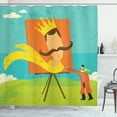 thumbnail image 1 of Retro Shower Curtain, Cartoon Artist Painting His Giant Portrait in a Crown on Hill Grunge Weathered Effect, Fabric Bathroom Set with Hooks, 69W X 70L Inches, Multicolor, by Ambesonne, 1 of 3