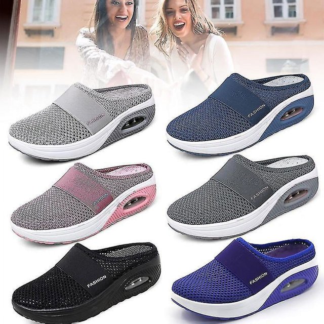Zapatos para caminar sin cordones con cojín de aire, deslizador de cuña con plataforma plana de malla ortopédica para diabéticos