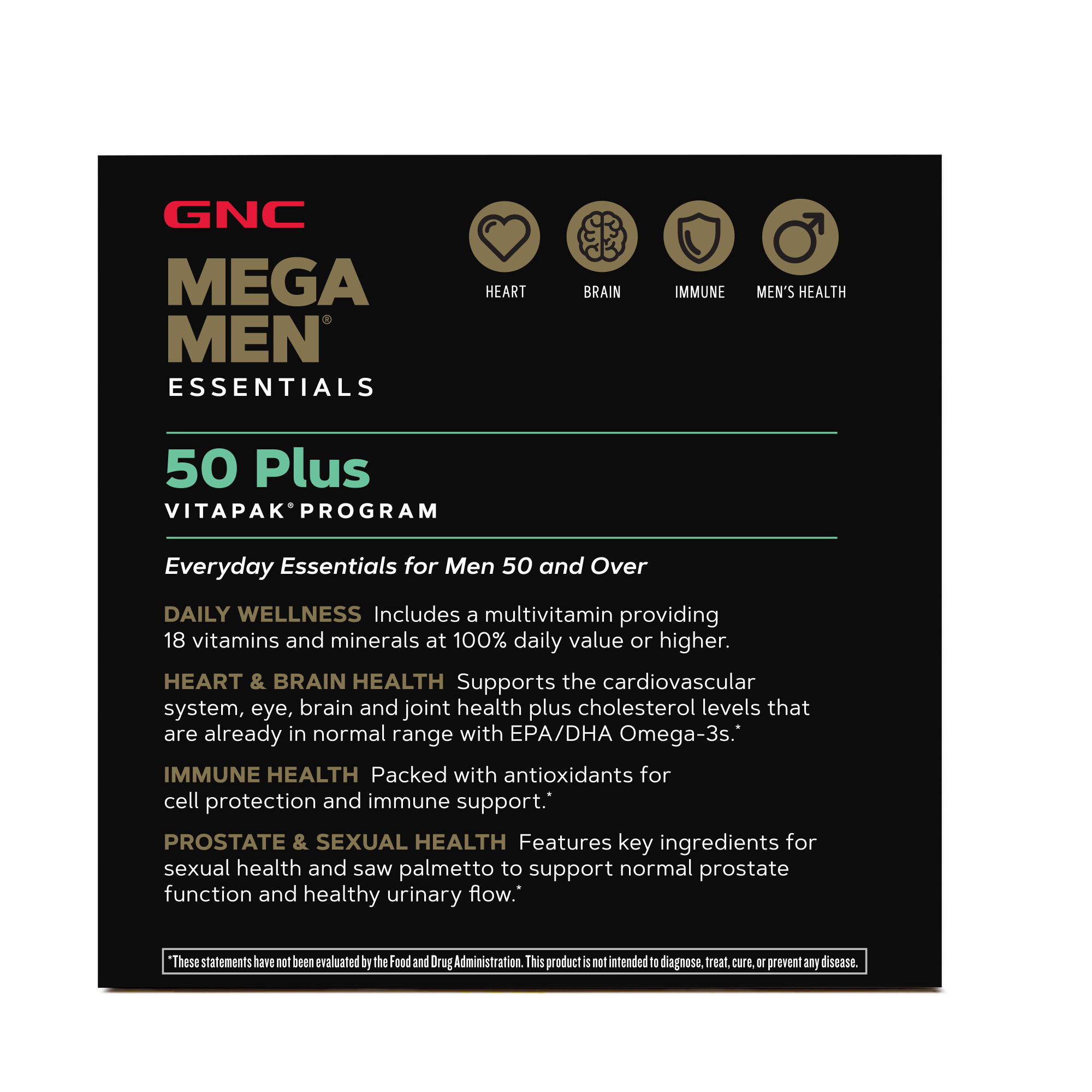 GNC Mega Men 50-Plus Essentials Vitapak, 30 Daily Packs, 4-in-1 Complete Daily Multivitamin and Nutrition Program for Men 50 and over