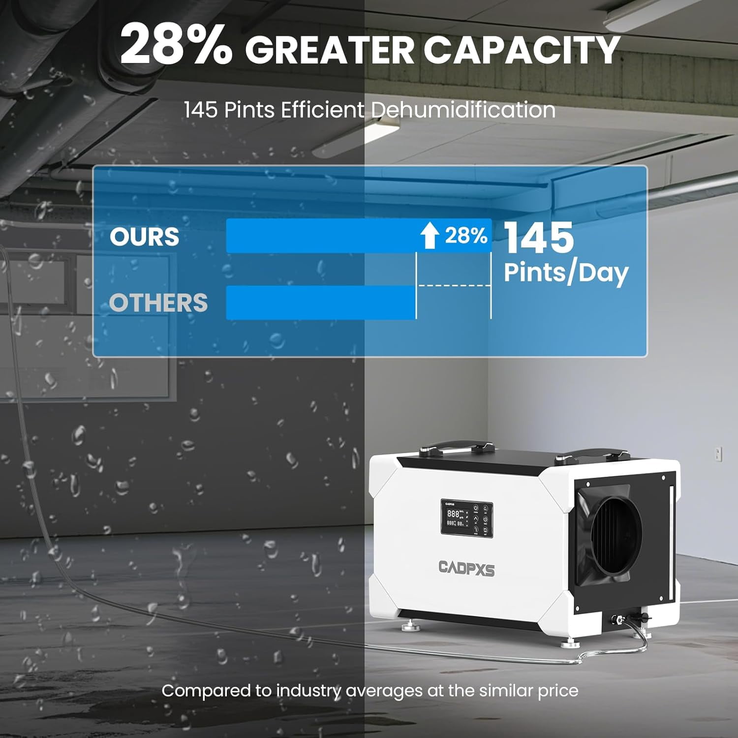 CADPXS Crawlspace Dehumidifier with Pump and Drain Hose, 145 Pints Commercial-Grade Dehumidifier for Crawl Spaces, Basements, Industrial and Water Damage Use, Large Capacity, Auto Defrost, cETL