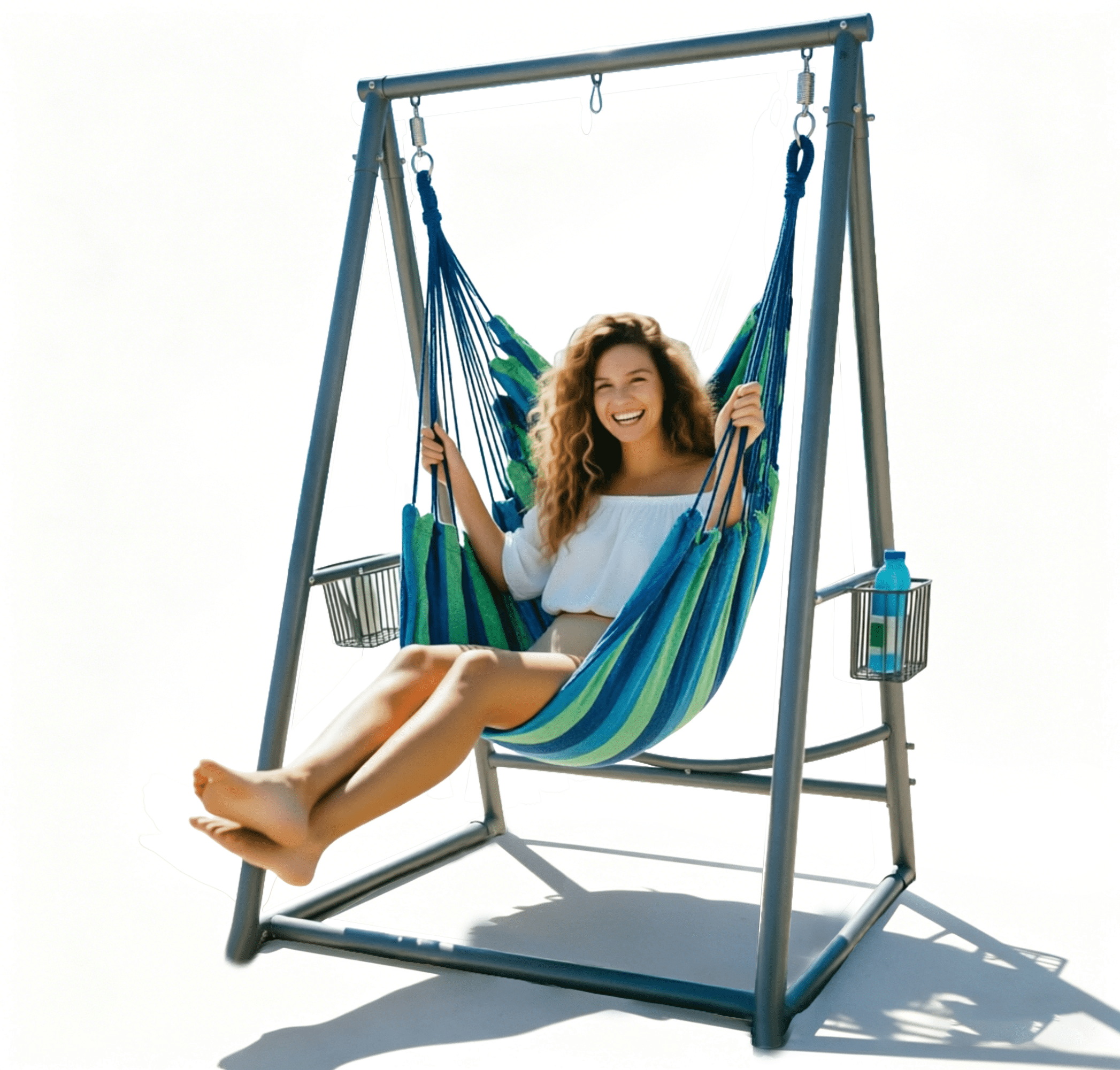 Hammock Chair Hanging Rope Swing & Stand Set with Two Holders, Heavy Duty Hanging Stand with Three Hooks, Multi-Use for Indoor Outdoor Patio Yard Garden (Grey)