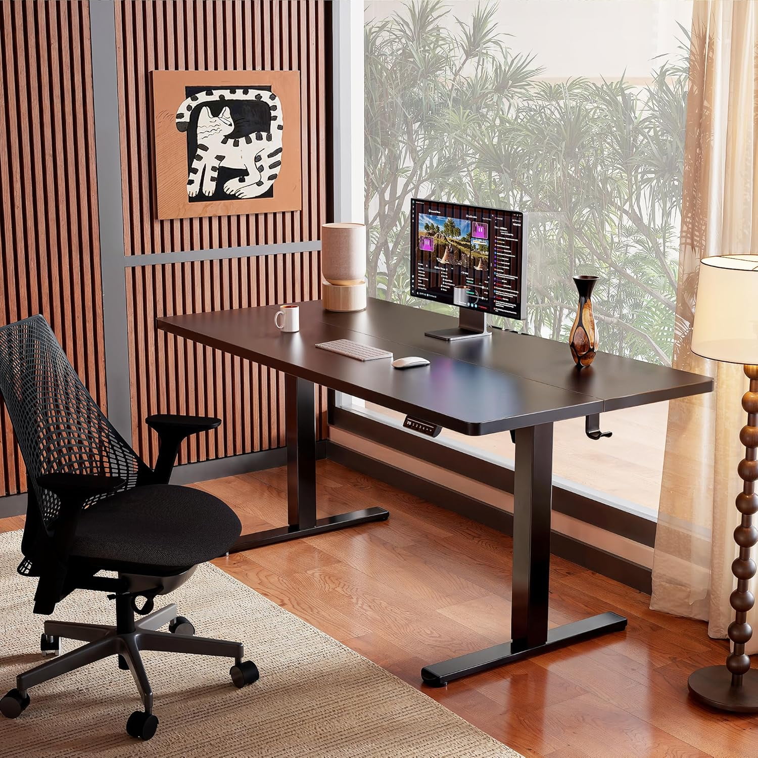 Kyspho Height Adjustable Electric Standing Desk, 55 x 28 Inches Sit Stand up Desk, Large Memory Computer Home Office Desk with Two-Piece Desktop (Black)