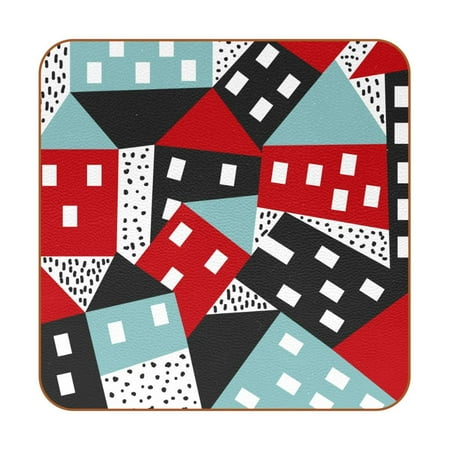 

OWNTA Abstract Cartoon Colorful House Pattern Premium 6-Piece Square Coaster Set in Microfiber Leather - Non-Slip & Absorbent Cup Mats