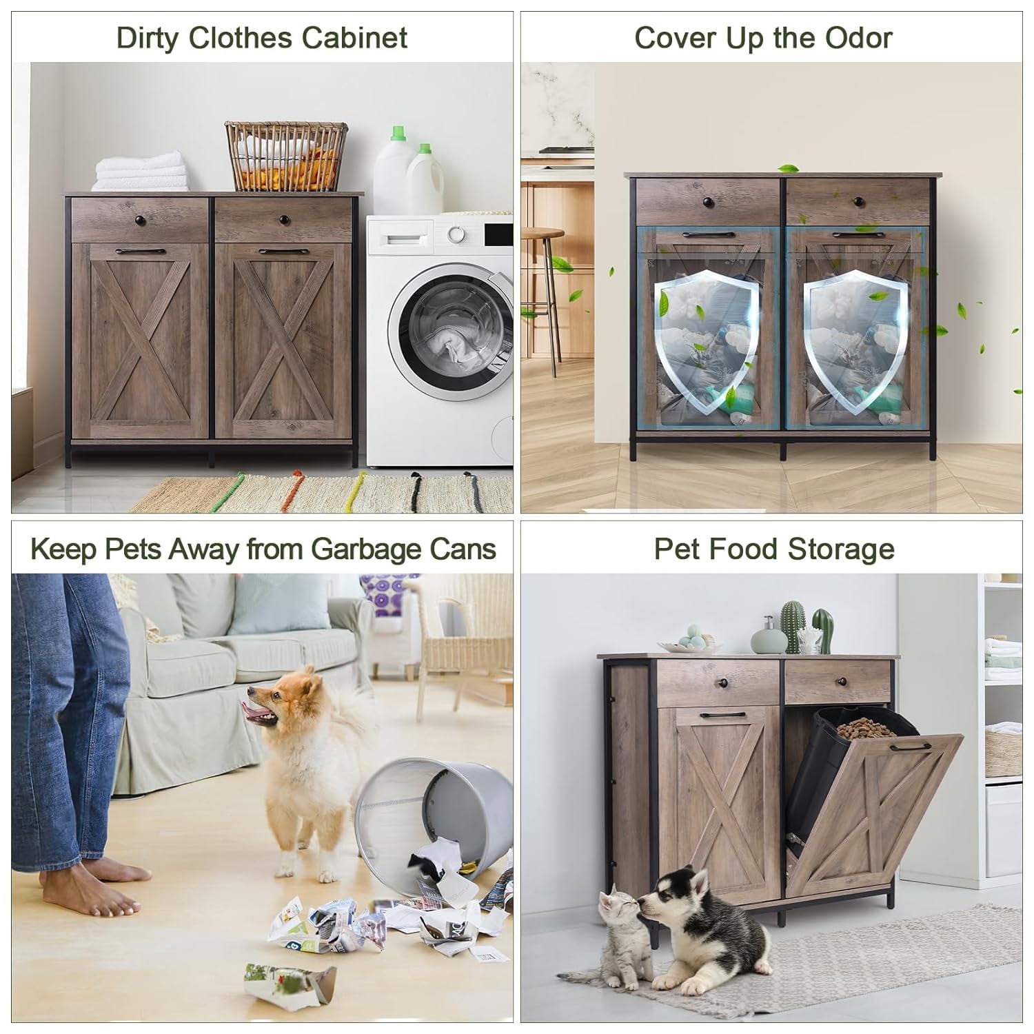 LAZY BUDDY Double Tilt Out Trash Cabinet, 20 Gallon Storage Cabinet with Hideaway Drawer, Free Standing Laundry Hamper Kitchen Trash Can Holder, Gray